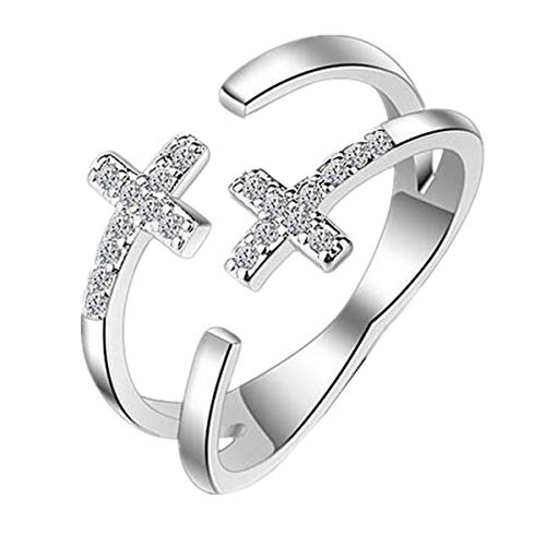 Damen Ringe 925 Silber Zirkonia Kreuz Doppelte Linie Öffnung Verstellbare Schwanz Ringe,Mode Schmuck Partnerschaftsringe/Geburtstag Geschenk für Frauen von Addfect
