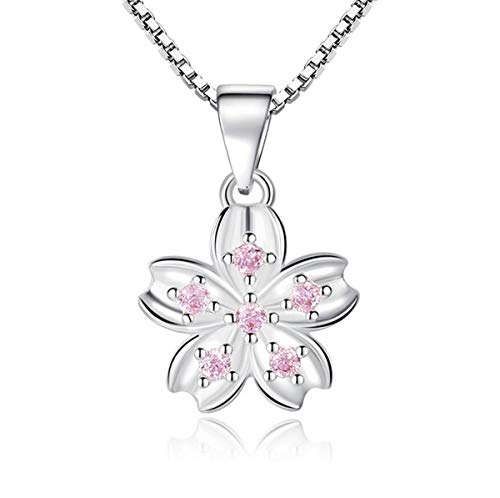 Kette Blume Damen Kirschblüte Halskette 925 Sterling Silber Anhänger Schmuck Pink Zirkonia 45CM Kettenlänge Geschenk für Damen Mädchen von Addfect