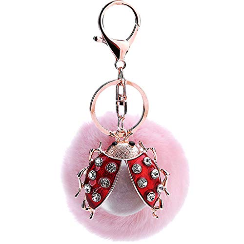 Taschenanhänger Schlüsselanhänger Plüsch Ball mit Schöne Marienkäfer Strass Anhänger,Pompom Kugel Schlüsselanhänger,Auto Schlüsselring,Bombel Schlüsselbund Weich Keychain Dekor (Pink) von Addfect