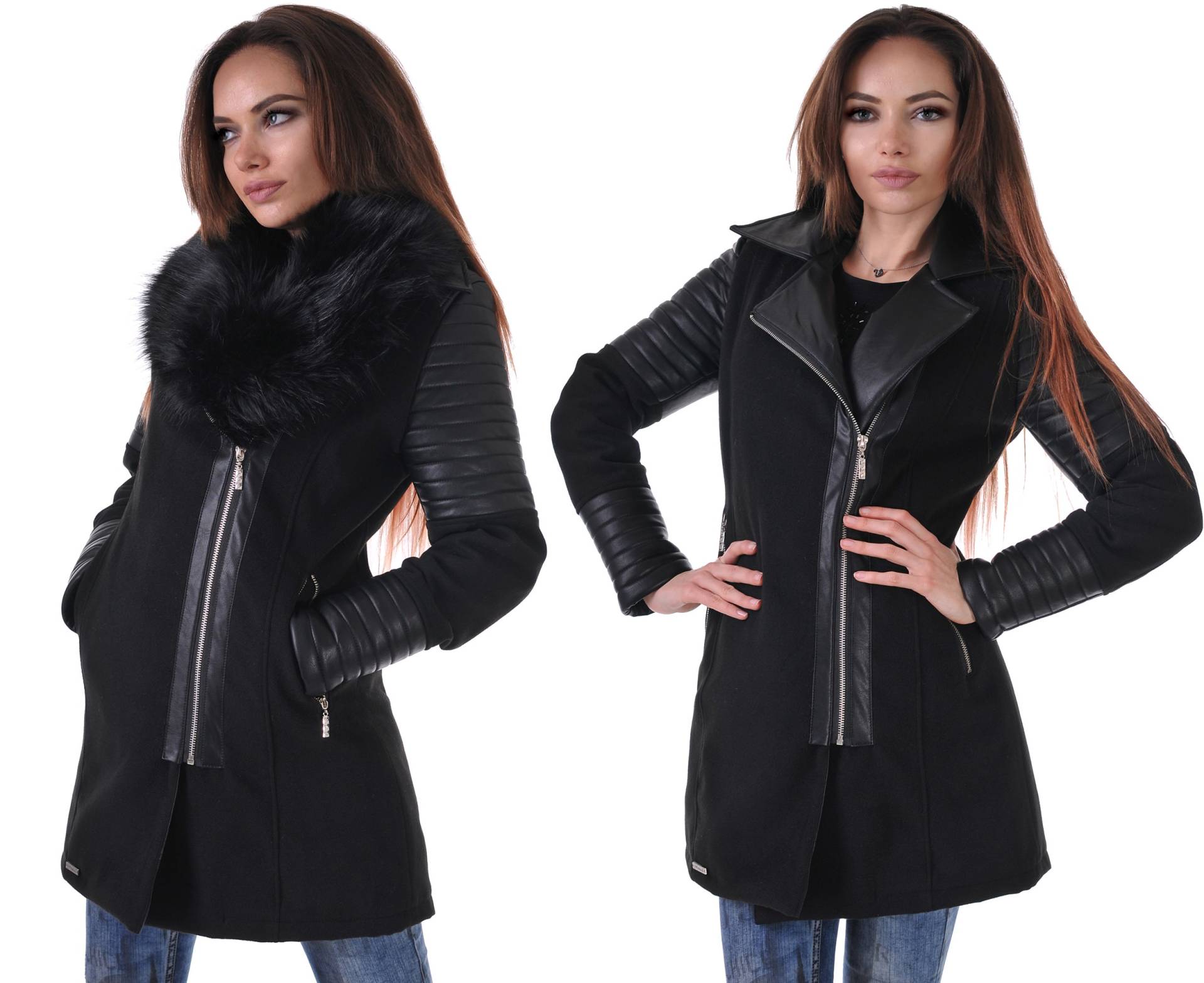 S-3Xl Schwarzer Eleganter Reißverschluss Wintermantel Lux - Kaschmir Mit Abnehmbarer Flauschiger Pelzkragen Und Eco Leder Größen Bis Xxl Von S-3Xl Schwarzer Eleganter Reißverschluss Wintermantel Lux - Kaschmir Mit Abnehmbarer Flauschiger Pelzkragen Und Eco Leder Größen Bis Xxl Von von AddictBoutiqueBG