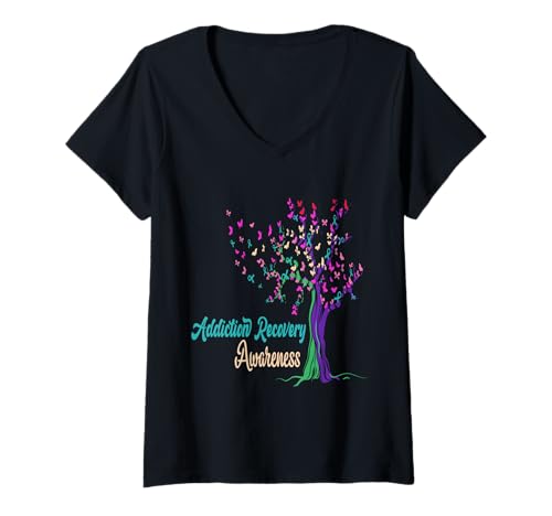 Damen Tree Ribbon: Bewusstsein für die Genesung von Sucht T-Shirt mit V-Ausschnitt Damen Tree Ribbon: Bewusstsein für die Genesung von Sucht T-Shirt mit V-Ausschnitt von Addiction Recovery Awareness