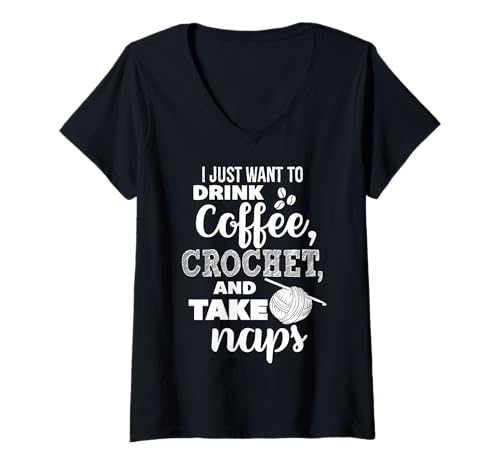 Damen Kaffee Trinken, häkeln und EIN Nickerchen Machen, lustiges Häkeln T-Shirt mit V-Ausschnitt von Addictive Designs Knit Crochet Merch