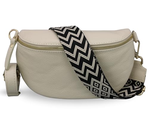 ADEL Bauchtasche Damen Echtleder Emma Gold Handgemachte Umhängetasche Crossbody Bag mit Optionalen Breiten Gemusterten Riemen Stylische Hüfttasche Made in Italy (Beige-Gold 4, Medium) von Adel Bags