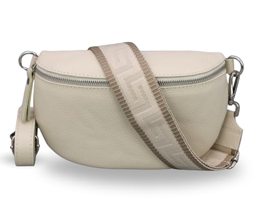 ADEL Bauchtasche Damen Echtleder Emma Silber Handgemachte Umhängetasche Crossbody Bag mit Optionalen Breiten Gemusterten Riemen Stylische Hüfttasche Made in Italy (Beige-Silber 2, Small) von Adel Bags