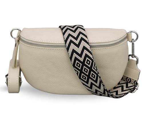 ADEL Bauchtasche Damen Echtleder Emma Silber Handgemachte Umhängetasche Crossbody Bag mit Optionalen Breiten Gemusterten Riemen Stylische Hüfttasche Made in Italy (Beige-Silber 4, Small) von Adel Bags