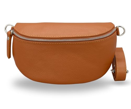 ADEL Bauchtasche Damen Echtleder Emma Silber Handgemachte Umhängetasche Crossbody Bag Schultertasche mit Ledergurt Stylische Hüfttasche Made in Italy (Cognac Braun-Silber 1, Small) von Adel Bags