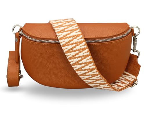 ADEL Bauchtasche Damen Echtleder Emma Silber Handgemachte Umhängetasche Crossbody Bag mit Optionalen Breiten Gemusterten Riemen Stylische Hüfttasche Made in Italy (Cognac Braun-Silber 4, Small) von Adel Bags