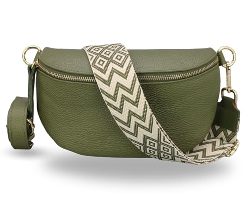 ADEL Bauchtasche Damen Echtleder Emma Gold Handgemachte Umhängetasche Crossbody Bag mit Optionalen Breiten Gemusterten Riemen Stylische Hüfttasche Made in Italy (Khaki-Gold 2, Large) von Adel Bags