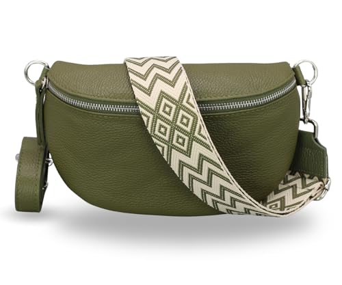 ADEL Bauchtasche Damen Echtleder Emma Silber Handgemachte Umhängetasche Crossbody Bag mit Optionalen Breiten Gemusterten Riemen Stylische Hüfttasche Made in Italy (Khaki-Silber 2, Medium) von Adel Bags