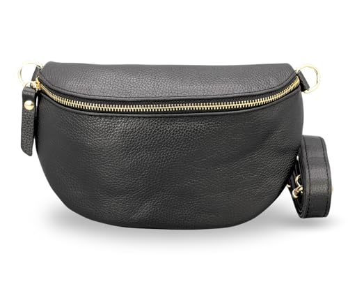 ADEL Bauchtasche Damen Echtleder Emma Gold Handgemachte Umhängetasche Crossbody Bag Schultertasche mit Ledergurt Stylische Hüfttasche Made in Italy (Schwarz-Gold 1, Small) von Adel Bags
