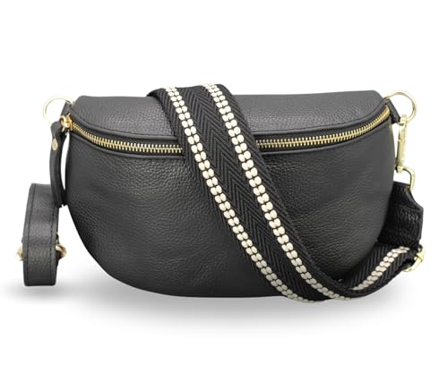 ADEL Bauchtasche Damen Echtleder Emma Gold Handgemachte Umhängetasche Crossbody Bag mit Optionalen Breiten Gemusterten Riemen Stylische Hüfttasche Made in Italy (Schwarz-Gold 4, Small) von Adel Bags