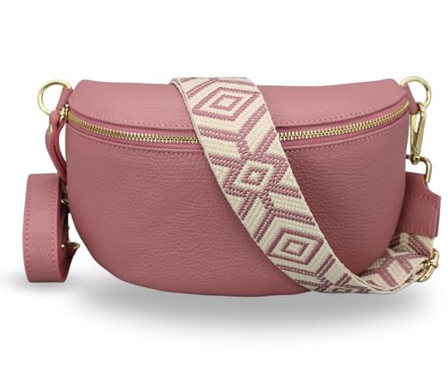 ADEL Bauchtasche Damen Echtleder Emma Gold Handgemachte Umhängetasche Crossbody Bag mit Optionalen Breiten Gemusterten Riemen Stylische Hüfttasche Made in Italy (Altrosa-Gold 2, Medium) von Adel Bags
