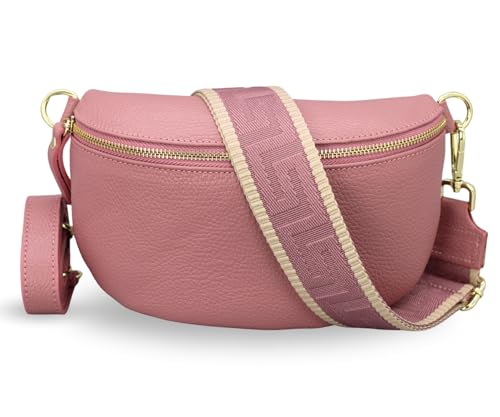 ADEL Bauchtasche Damen Echtleder Emma Gold Handgemachte Umhängetasche Crossbody Bag mit Optionalen Breiten Gemusterten Riemen Stylische Hüfttasche Made in Italy (Altrosa-Gold 4, Medium) von Adel Bags