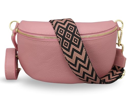 ADEL Bauchtasche Damen Echtleder Emma Gold Handgemachte Umhängetasche Crossbody Bag mit Optionalen Breiten Gemusterten Riemen Stylische Hüfttasche Made in Italy (Altrosa-Gold 5, Medium) von Adel Bags