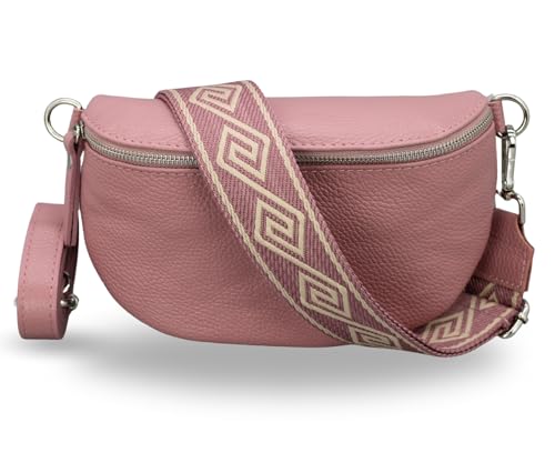 ADEL Bauchtasche Damen Echtleder Emma Silber Handgemachte Umhängetasche Crossbody Bag mit Optionalen Breiten Gemusterten Riemen Stylische Hüfttasche Made in Italy (Altrosa-Silber 3, Small) von Adel Bags