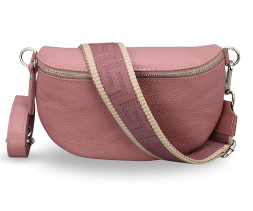 ADEL Bauchtasche Damen Echtleder Emma Silber Handgemachte Umhängetasche Crossbody Bag mit Optionalen Breiten Gemusterten Riemen Stylische Hüfttasche Made in Italy (Altrosa-Silber 4, Large) von Adel Bags