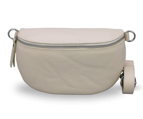 ADEL Bauchtasche Damen Echtleder Emma Silber Handgemachte Umhängetasche Crossbody Bag Schultertasche mit Ledergurt Stylische Hüfttasche Made in Italy (Beige-Silber 1, Small) von Adel Bags