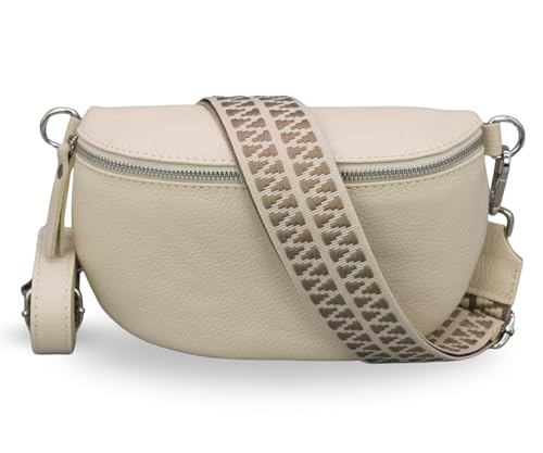 ADEL Bauchtasche Damen Echtleder Emma Silber Handgemachte Umhängetasche Crossbody Bag mit Optionalen Breiten Gemusterten Riemen Stylische Hüfttasche Made in Italy (Beige-Silber 3, Large) von Adel Bags