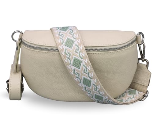 ADEL Bauchtasche Damen Echtleder Emma Silber Handgemachte Umhängetasche Crossbody Bag mit Optionalen Breiten Gemusterten Riemen Stylische Hüfttasche Made in Italy (Beige-Silber 5, Medium) von Adel Bags