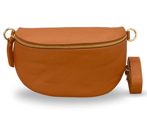 ADEL Bauchtasche Damen Echtleder Emma Gold Handgemachte Umhängetasche Crossbody Bag Schultertasche mit Ledergurt Stylische Hüfttasche Made in Italy (Cognac Braun-Gold 1, Small) von Adel Bags