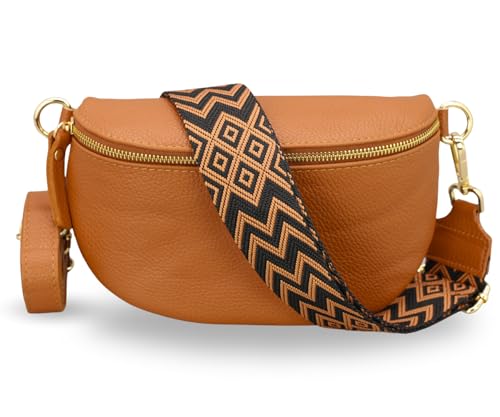 ADEL Bauchtasche Damen Echtleder Emma Gold Handgemachte Umhängetasche Crossbody Bag mit Optionalen Breiten Gemusterten Riemen Stylische Hüfttasche Made in Italy (Cognac Braun-Gold 2, Medium) von Adel Bags