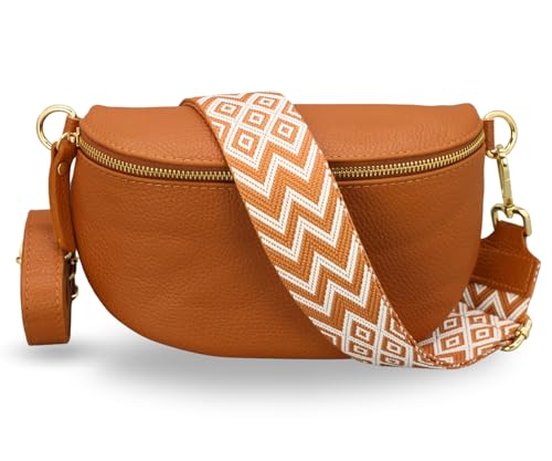 ADEL Bauchtasche Damen Echtleder Emma Gold Handgemachte Umhängetasche Crossbody Bag mit Optionalen Breiten Gemusterten Riemen Stylische Hüfttasche Made in Italy (Cognac Braun-Gold 3, Large) von Adel Bags