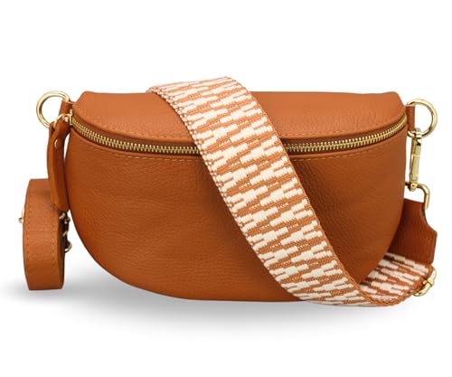 ADEL Bauchtasche Damen Echtleder Emma Gold Handgemachte Umhängetasche Crossbody Bag mit Optionalen Breiten Gemusterten Riemen Stylische Hüfttasche Made in Italy (Cognac Braun-Gold 4, Medium) von Adel Bags