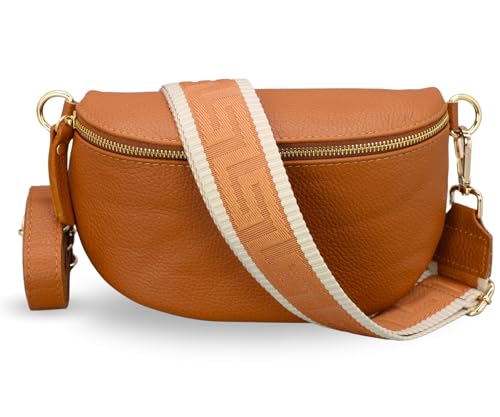 ADEL Bauchtasche Damen Echtleder Emma Gold Handgemachte Umhängetasche Crossbody Bag mit Optionalen Breiten Gemusterten Riemen Stylische Hüfttasche Made in Italy (Cognac Braun-Gold 5, Medium) von Adel Bags