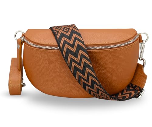 ADEL Bauchtasche Damen Echtleder Emma Silber Handgemachte Umhängetasche Crossbody Bag mit Optionalen Breiten Gemusterten Riemen Stylische Hüfttasche Made in Italy (Cognac Braun-Silber 2, Large) von Adel Bags