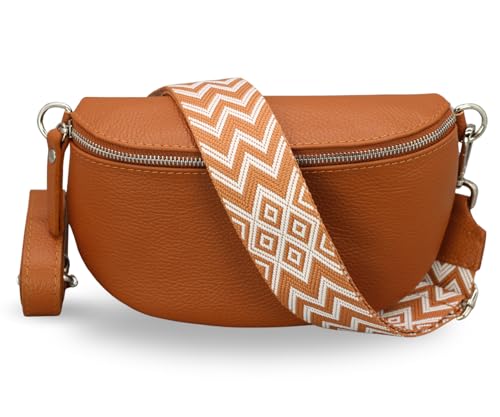 ADEL Bauchtasche Damen Echtleder Emma Silber Handgemachte Umhängetasche Crossbody Bag mit Optionalen Breiten Gemusterten Riemen Stylische Hüfttasche Made in Italy (Cognac Braun-Silber 3, Large) von Adel Bags