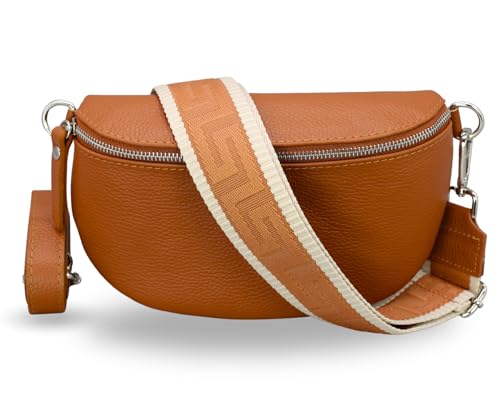 ADEL Bauchtasche Damen Echtleder Emma Silber Handgemachte Umhängetasche Crossbody Bag mit Optionalen Breiten Gemusterten Riemen Stylische Hüfttasche Made in Italy (Cognac Braun-Silber 5, Large) von Adel Bags