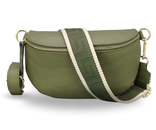 ADEL Bauchtasche Damen Echtleder Emma Gold Handgemachte Umhängetasche Crossbody Bag mit Optionalen Breiten Gemusterten Riemen Stylische Hüfttasche Made in Italy (Khaki-Gold 3, Medium) von Adel Bags
