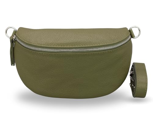 ADEL Bauchtasche Damen Echtleder Emma Silber Handgemachte Umhängetasche Crossbody Bag Schultertasche mit Ledergurt Stylische Hüfttasche Made in Italy (Khaki-Silber 1, Large) von Adel Bags