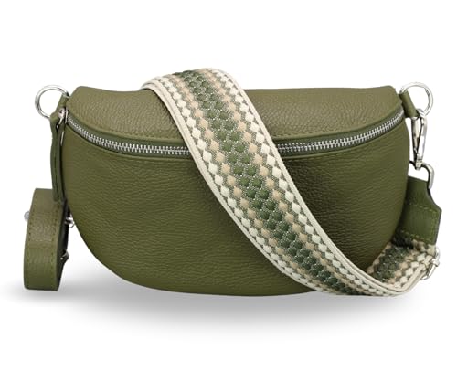 ADEL Bauchtasche Damen Echtleder Emma Silber Handgemachte Umhängetasche Crossbody Bag mit Optionalen Breiten Gemusterten Riemen Stylische Hüfttasche Made in Italy (Khaki-Silber 4, Small) von Adel Bags
