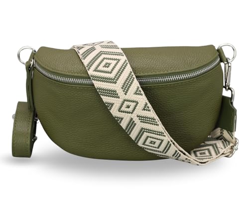 ADEL Bauchtasche Damen Echtleder Emma Silber Handgemachte Umhängetasche Crossbody Bag mit Optionalen Breiten Gemusterten Riemen Stylische Hüfttasche Made in Italy (Khaki-Silber 5, Large) von Adel Bags