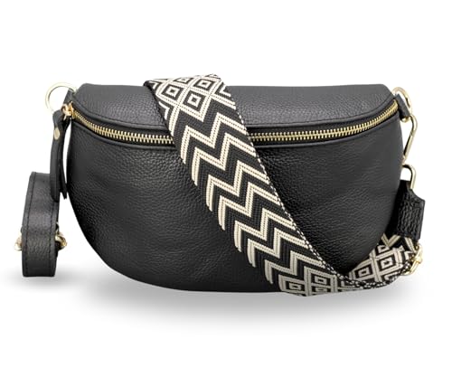 ADEL Bauchtasche Damen Echtleder Emma Gold Handgemachte Umhängetasche Crossbody Bag mit Optionalen Breiten Gemusterten Riemen Stylische Hüfttasche Made in Italy (Schwarz-Gold 3, Small) von Adel Bags