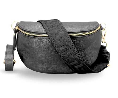 ADEL Bauchtasche Damen Echtleder Emma Gold Handgemachte Umhängetasche Crossbody Bag mit Optionalen Breiten Gemusterten Riemen Stylische Hüfttasche Made in Italy (Schwarz-Gold 5, Large) von Adel Bags