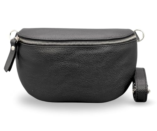 ADEL Bauchtasche Damen Echtleder Emma Silber Handgemachte Umhängetasche Crossbody Bag Schultertasche mit Ledergurt Stylische Hüfttasche Made in Italy (Schwarz-Silber 1, Large) von Adel Bags