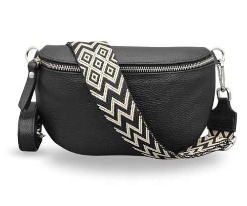 ADEL Bauchtasche Damen Echtleder Emma Silber Handgemachte Umhängetasche Crossbody Bag mit Optionalen Breiten Gemusterten Riemen Stylische Hüfttasche Made in Italy (Schwarz-Silber 3, Small) von Adel Bags