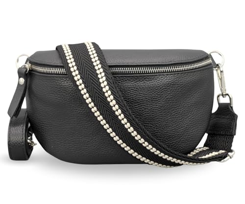 ADEL Bauchtasche Damen Echtleder Emma Silber Handgemachte Umhängetasche Crossbody Bag mit Optionalen Breiten Gemusterten Riemen Stylische Hüfttasche Made in Italy (Schwarz-Silber 4, Small) von Adel Bags