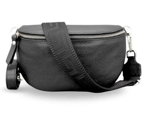 ADEL Bauchtasche Damen Echtleder Emma Silber Handgemachte Umhängetasche Crossbody Bag mit Optionalen Breiten Gemusterten Riemen Stylische Hüfttasche Made in Italy (Schwarz-Silber 5, Medium) von Adel Bags