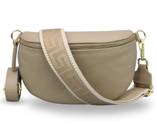 ADEL Bauchtasche Damen Echtleder Emma Gold Handgemachte Umhängetasche Crossbody Bag mit Optionalen Breiten Gemusterten Riemen Stylische Hüfttasche Made in Italy (Taupe-Gold 2, Medium) von Adel Bags