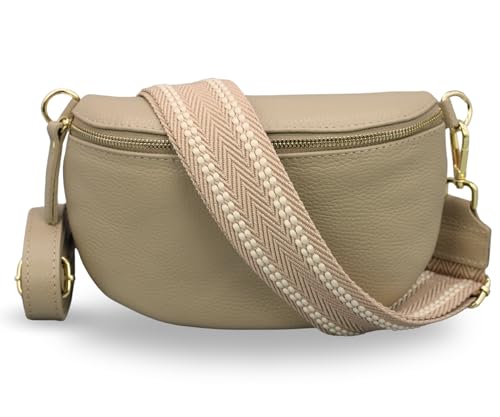 ADEL Bauchtasche Damen Echtleder Emma Gold Handgemachte Umhängetasche Crossbody Bag mit Optionalen Breiten Gemusterten Riemen Stylische Hüfttasche Made in Italy (Taupe-Gold 3, Large) von Adel Bags