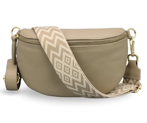 ADEL Bauchtasche Damen Echtleder Emma Gold Handgemachte Umhängetasche Crossbody Bag mit Optionalen Breiten Gemusterten Riemen Stylische Hüfttasche Made in Italy (Taupe-Gold 4, Medium) von Adel Bags