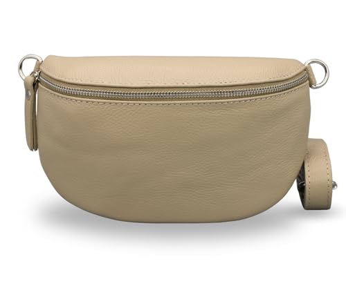 ADEL Bauchtasche Damen Echtleder Emma Silber Handgemachte Umhängetasche Crossbody Bag Schultertasche mit Ledergurt Stylische Hüfttasche Made in Italy (Taupe-Silber 1, Small) von Adel Bags