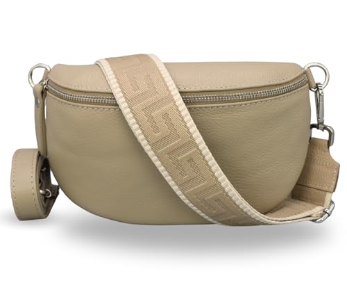 ADEL Bauchtasche Damen Echtleder Emma Silber Handgemachte Umhängetasche Crossbody Bag mit Optionalen Breiten Gemusterten Riemen Stylische Hüfttasche Made in Italy (Taupe-Silber 2, Large) von Adel Bags