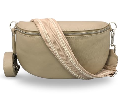 ADEL Bauchtasche Damen Echtleder Emma Silber Handgemachte Umhängetasche Crossbody Bag mit Optionalen Breiten Gemusterten Riemen Stylische Hüfttasche Made in Italy (Taupe-Silber 3, Small) von Adel Bags