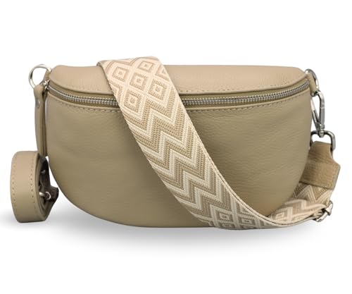 ADEL Bauchtasche Damen Echtleder Emma Silber Handgemachte Umhängetasche Crossbody Bag mit Optionalen Breiten Gemusterten Riemen Stylische Hüfttasche Made in Italy (Taupe-Silber 4, Large) von Adel Bags