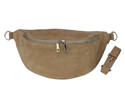 ADEL Bauchtasche Damen Echtes Widleder Marina Handgemachte Umhängetasche Crossbody Bag Hüfttasche mit Ledergürtel 3 Fächer Stylische Schultertasche Made in Italy (Taupe) von Adel Bags