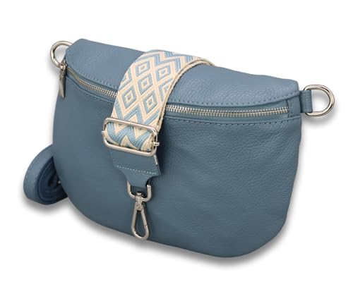 ADEL Bauchtasche Damen Echtleder ADA Handgemachte Umhängetasche Crossbody Bag Hüfttasche mit Ledergürtel + Breiten Gemusterten Riemen 3 Fächer Stylische Schultertasche Made in Italy von Adel Bags
